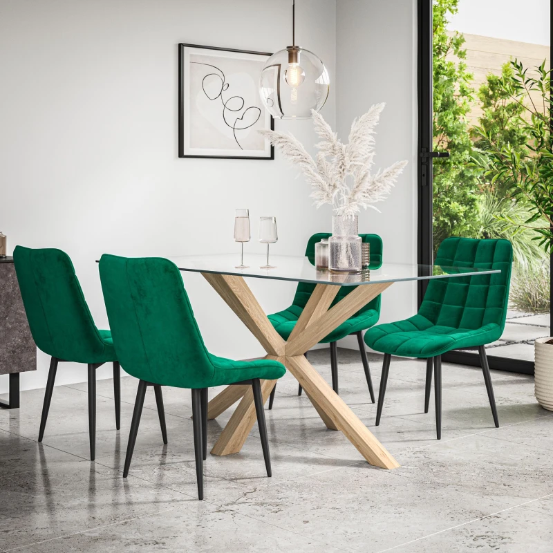 Image of More4Homes Etta Glass Dining Table And Chairs - Glass Top W Solid Oak Legs + Nova Velvet Dining Chair Set Of 4 (Green)