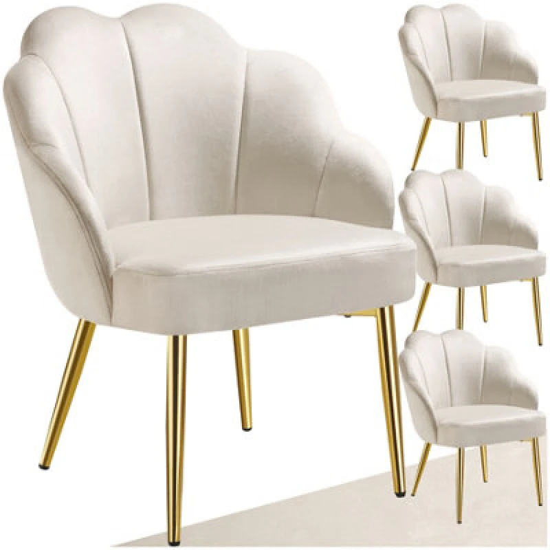 Image of Tectake Set Of 4 Accent Chair Hellen - Velvet Cover, Padded, Extra-Wide Shell-Shaped Backrest - Cream/gold