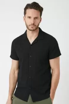 Image of Charcoal Short Sleeve Self Stripe Revere Shirt