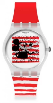 Image of Swatch Keith Haring Mouse Mariniere Red White Striped Watch