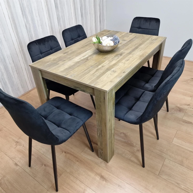 Image of KOSY KOALA KOSY KOALA Dining Table and 6 Chairs Rustic Effect Wood Table 6 Black Velvet Chairs Dining Room in Brown Brown One Size Unisex 506071158891