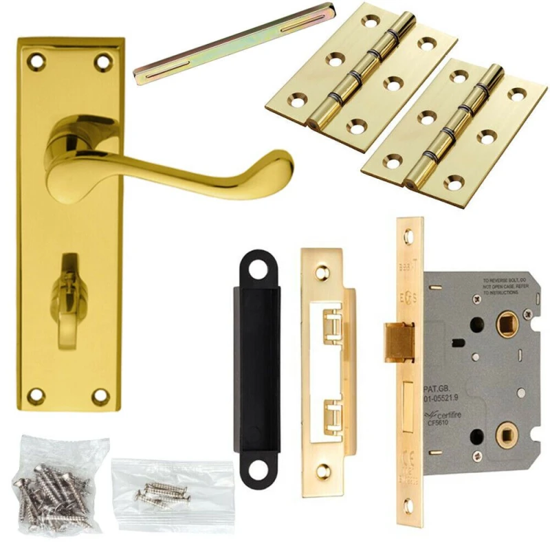 Image of Loops Door Handle & Bathroom Lock Pack Brass Victorian Scroll Lever Backplate Metallics