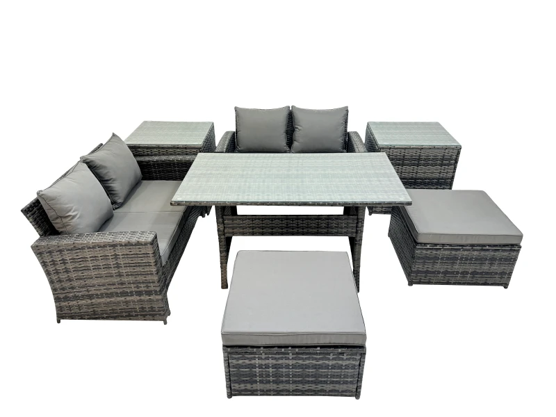 Image of Fimous 6 Seater Outdoor Table Double Seat Sofa 2 Side Table 2 Big Stools Set in Dark Grey Dark Grey Unisex