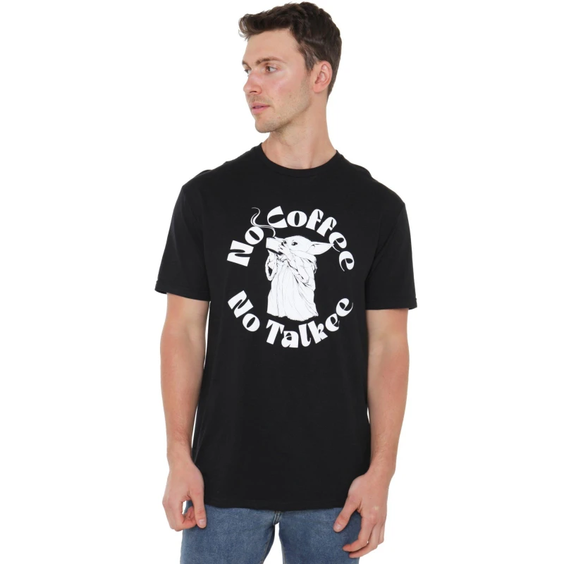 Image of Star Wars Men Star Wars The Mandalorian Baby Yoda Grogu No Coffee No Talkie Mens T-Shirt Black Size: large Black L Male 5052777759211