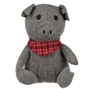 Image of Grey Pig with Tartan Neck Scarf Door Stop