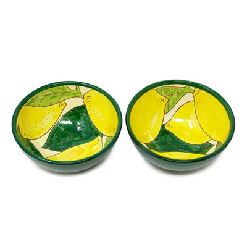 Image of Verano Spanish Ceramics Signature Lemons Hand Painted Ceramic Kitchen Dining Set of 2 Appetiser Bowls (Diam) 15cm Multi