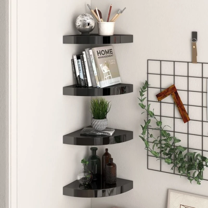 Image of VIDAXL Floating Corner Shelves 4 pcs High Gloss Black 25x25x3.8cm MDF vidaXL 8720286075227