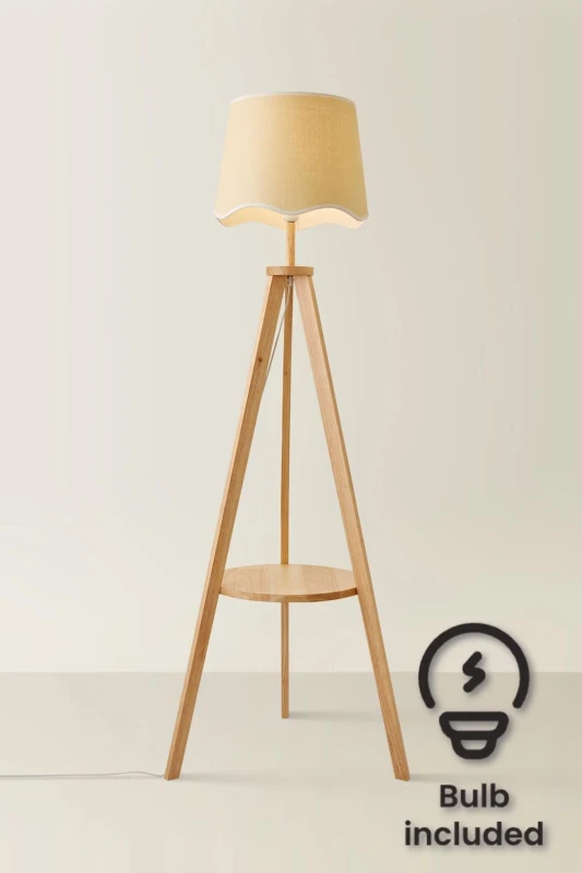 Image of ValueLights Morrigan Wooden Tripod Floor Lamp with Scallop Trim Tapered Lamp Shade & Bulb White