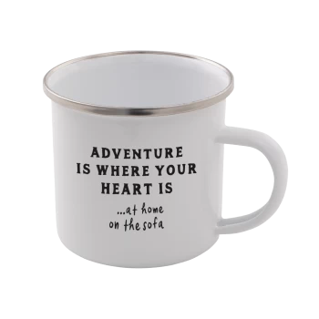 Image of Adventure Is Where Your Heart Is... At Home On The Sofa Enamel Mug - White