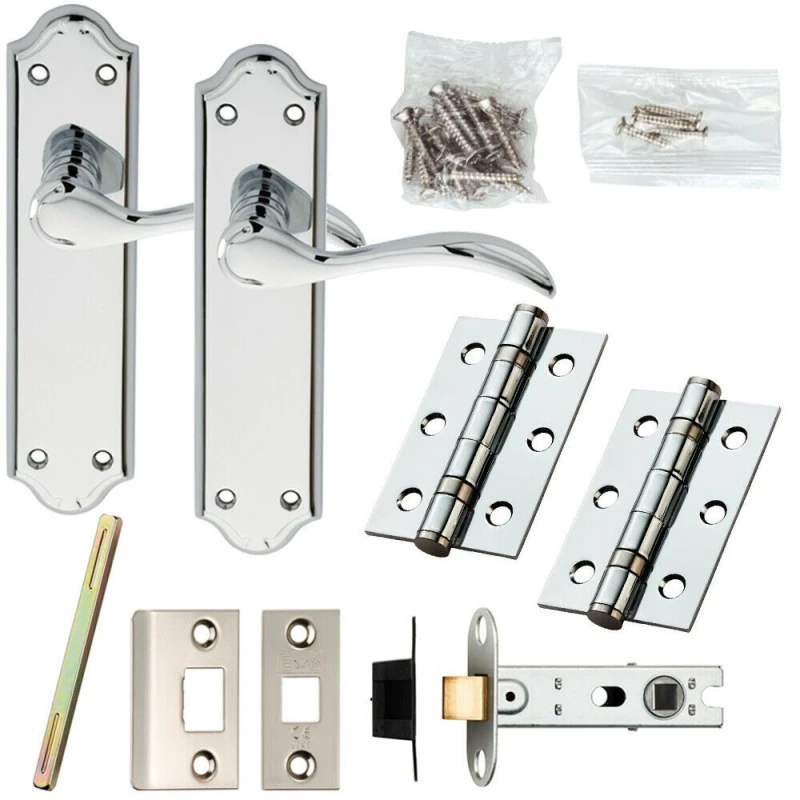 Image of Loops Door Handle & Latch Pack Chrome Victorian Scroll Lever on Backplate 180 x 45mm Multi