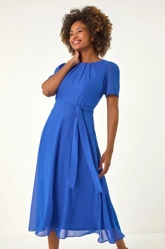 Image of Roman Womens Pleat Chiffon Belted Midi Dress in Blue Size: 10 Blue Female 10