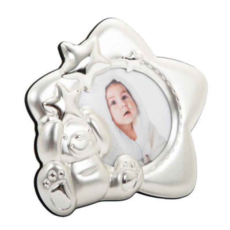 Image of Happy Homewares Star Shaped Silver Plated Baby Photo Frame With Teddy Bear And Decorative Stars