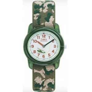 Image of Timex Kids Childrens Quartz Watch with White Dial Analogue Display and Green Textile Strap T78141