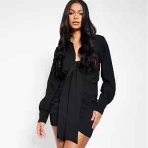Image of I Saw It First Drape Front Long Sleeve Shirt Dress - Black