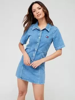 Image of Tommy Jeans Slim Short Sleeve Dress - Blue Size L, Women