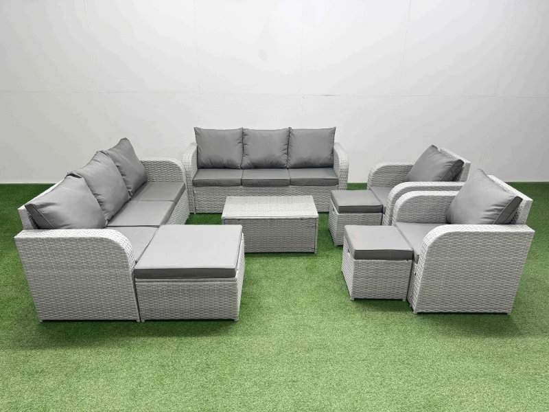 Image of Fimous PE Rattan High Back Lounge Sofa Set Patio Coffee Table & Chairs Set with 3 Seater Sofa Reclining Chair 3 Stools Light Grey Light Grey