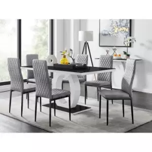 Image of Furniturebox UK - Furniturebox Giovani 6 Black Dining Table & 6 Grey Milan Velvet Dining Chairs With Black Legs Diamond Stitch Modern Contemporary