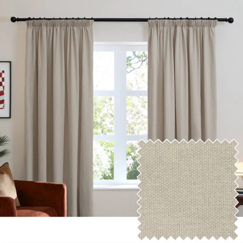Image of Furn Soft Chenille Blackout Pencil Pleat Curtain Pair in Natural Size: 117cm width x 137cm drop Natural Unisex 117cm width x 137cm drop