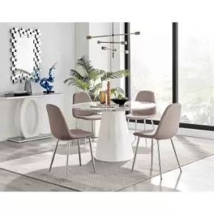 Image of Furniture Box Palma White Marble Effect Round Dining Table and 4 Cappuccino Corona Silver Chairs