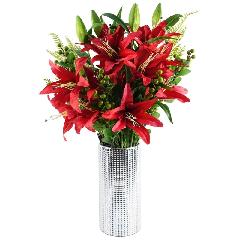 Image of Leaf Leaf 70cm Red Lily Display Silver Glass Vase Red