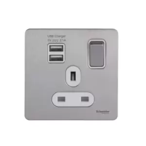 Image of Schneider USFP 1G Switched Socket Single Pole 2x USB 2.1 White Insert Stainless Steel - GGBGU34102USBAWSS