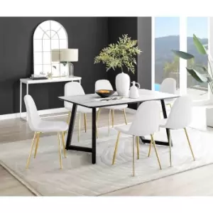Image of Furniture Box Carson White Marble Effect Dining Table and 6 White Corona Gold Leg Chairs