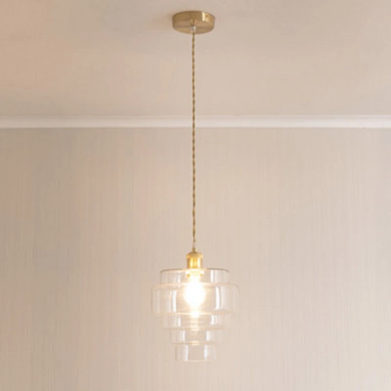 Image of ValueLights ValueLights Lane Glass 5 Tier Shade Brushed Gold Ceiling Pendant Light and Bulb in Clear Clear One Size Unisex 5059406063831