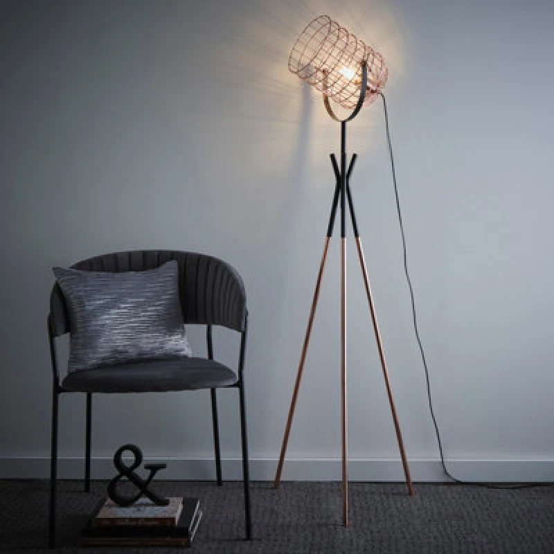 Image of K Living Fulton Tripod Copper Cage Floor Lamp Industrial - Brown Brown One Size