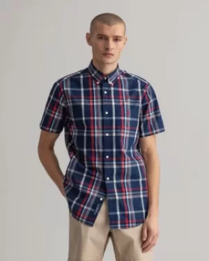 Image of GANT Regular Fit Tech Prep Short Sleeve Washed Indigo Plaid Shirt
