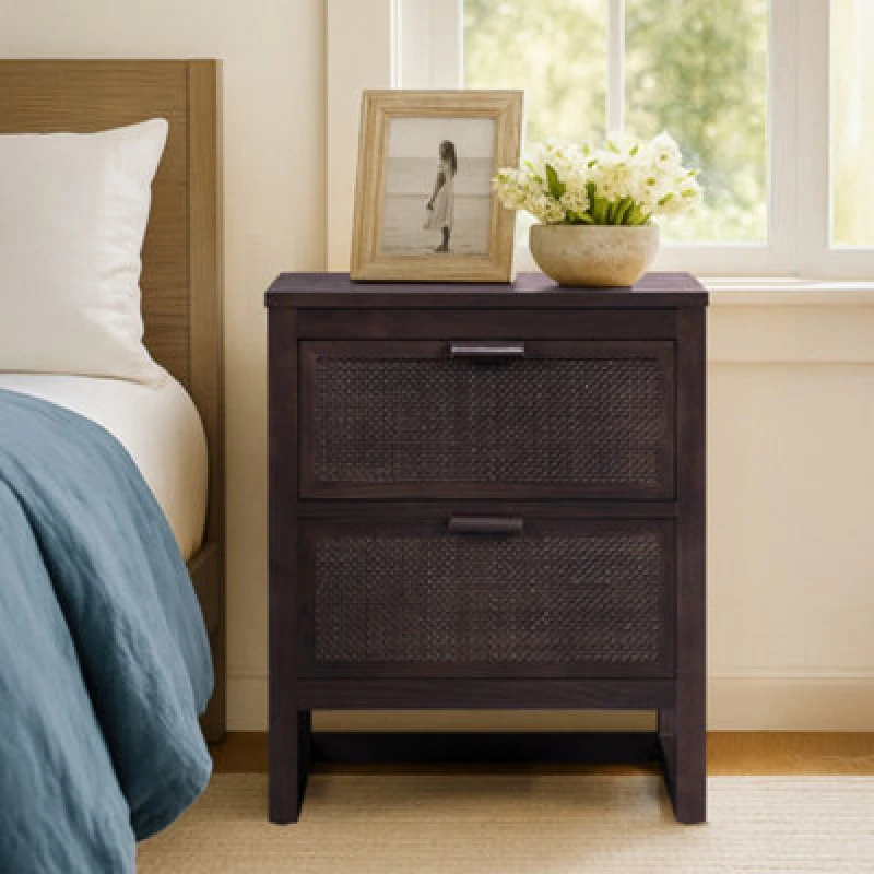 Image of Teamson Home Hatteras Bedside Table 2 Drawer Nightstand, Espresso