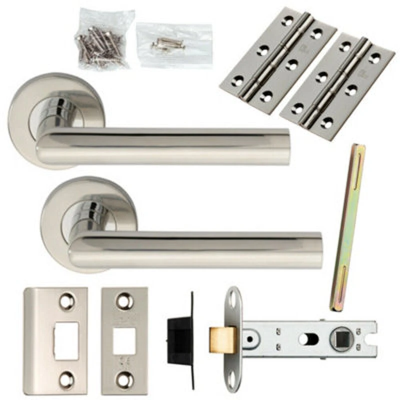 Image of Loops Door Handle & Latch Pack Polished Steel Mitred Lever Screwless Round Rose Metallics