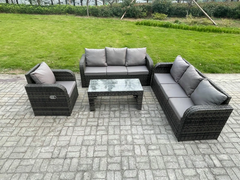 Image of Fimous Patio Garden Furniture Sets 7 Seater Wicker Outdoor Rattan Furniture Sofa Sets with Rectangular Coffee Table Reclining Chair Dark Grey