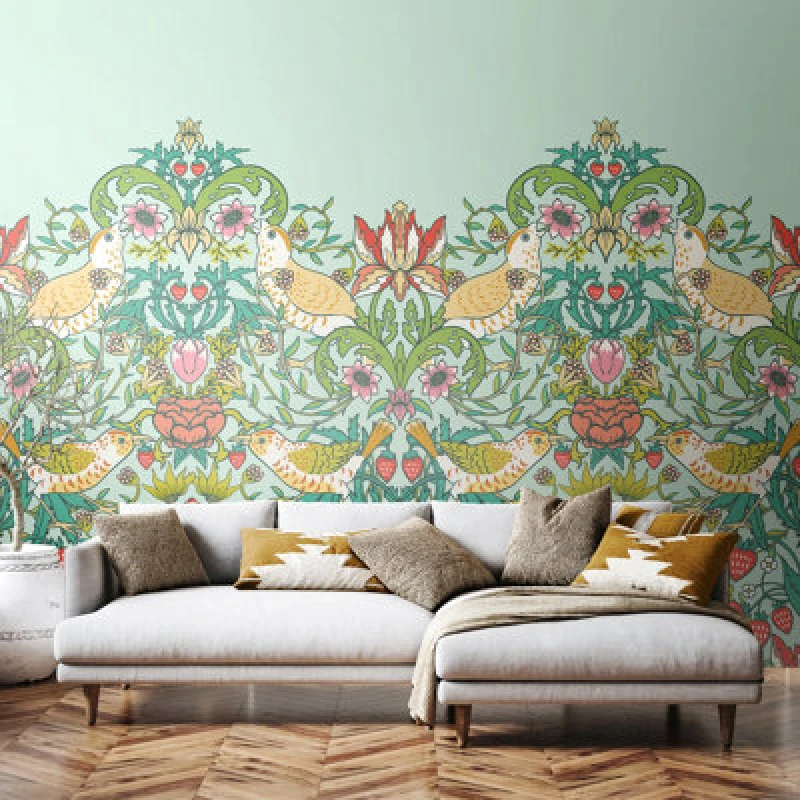 Image of Origin Murals Birds, Fruit And Foliage - Duck Egg Matt Smooth Paste The Wall Mural 350Cm Wide X 280Cm High