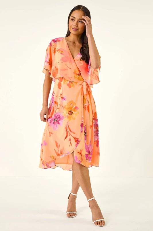 Image of Roman Womens Petite Floral Tie Front Cape Dress in Peach Size: 14 Peach Female 14