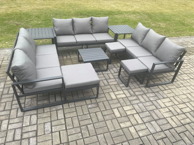 Image of Fimous Aluminium Outdoor Garden Furniture Set Patio Lounge Sofa with Square Coffee Table 2 Side Tables 3 Footstools Conservatory Set in Dark Grey Dark