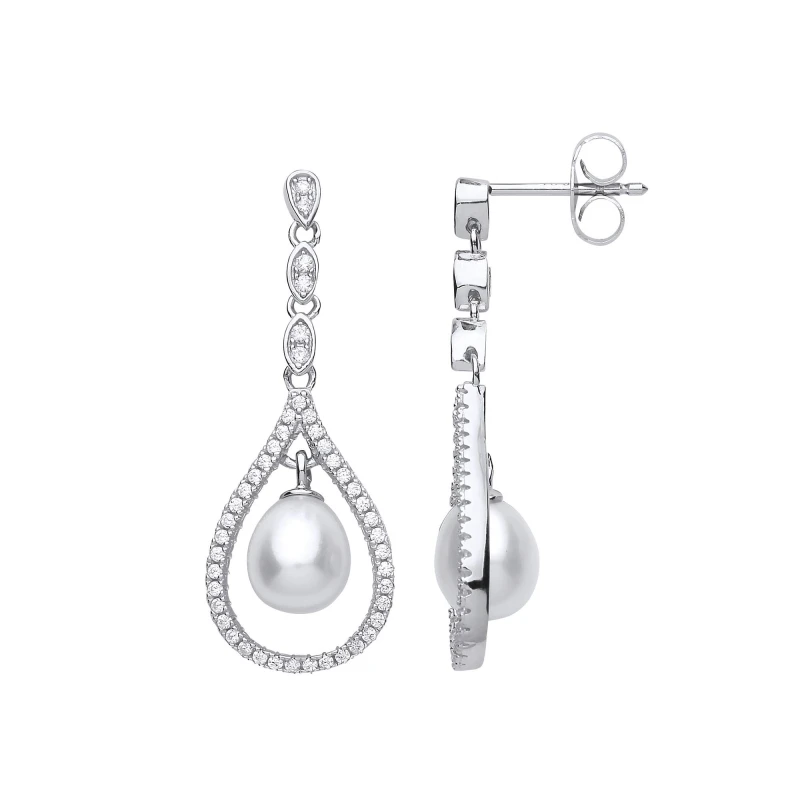 Image of Jewelco London Silver CZ Pearl Tears of Joy Drop Earrings 7x8mm - GVE680 Silver female