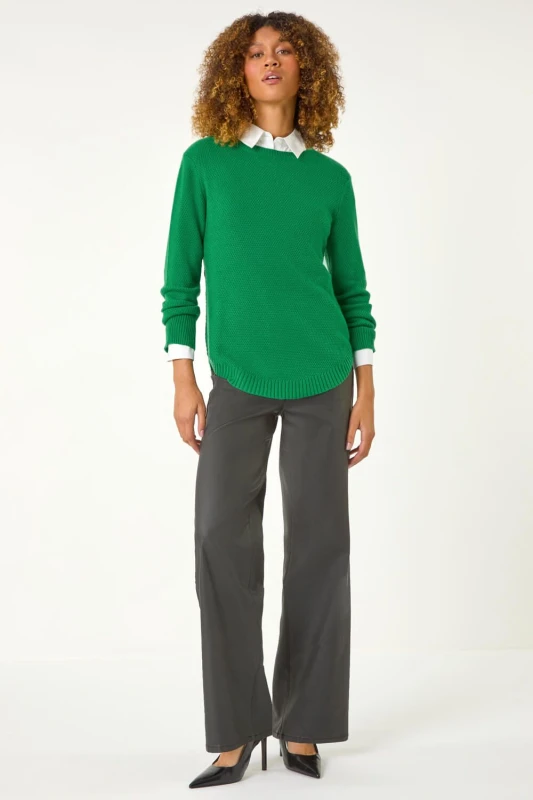 Image of Roman Womens Textured Curved Hem Jumper in Green Size: 16 Green Female 16