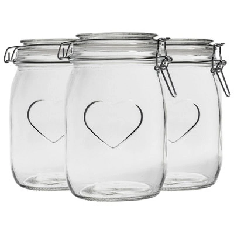 Image of Nicola Spring Heart Glass Storage Jars - 1 Litre - Clear Seal - Pack of 3 Clear
