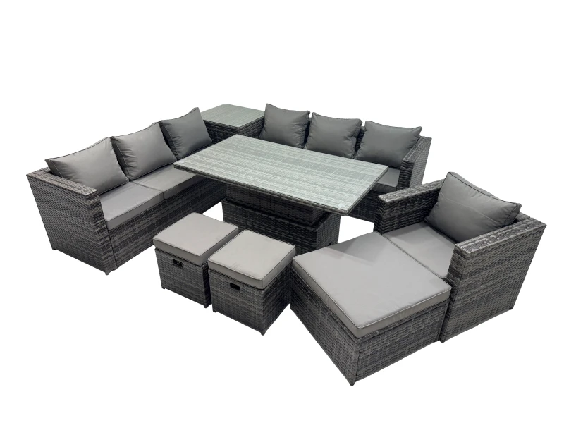 Image of Fimous 10 Seater Outdoor Garden Rattan Furniture Set with Side Table 3 Stool in Dark Grey Dark Grey Unisex