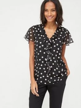 Image of Wallis Lurex Spot Frill Top - Black, Size 12, Women