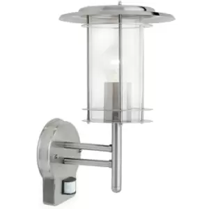 Image of Endon York Pir - PIR 1 Light Outdoor Wall Lantern Polished Stainless Steel, Clear Polycarbonate IP44, E27