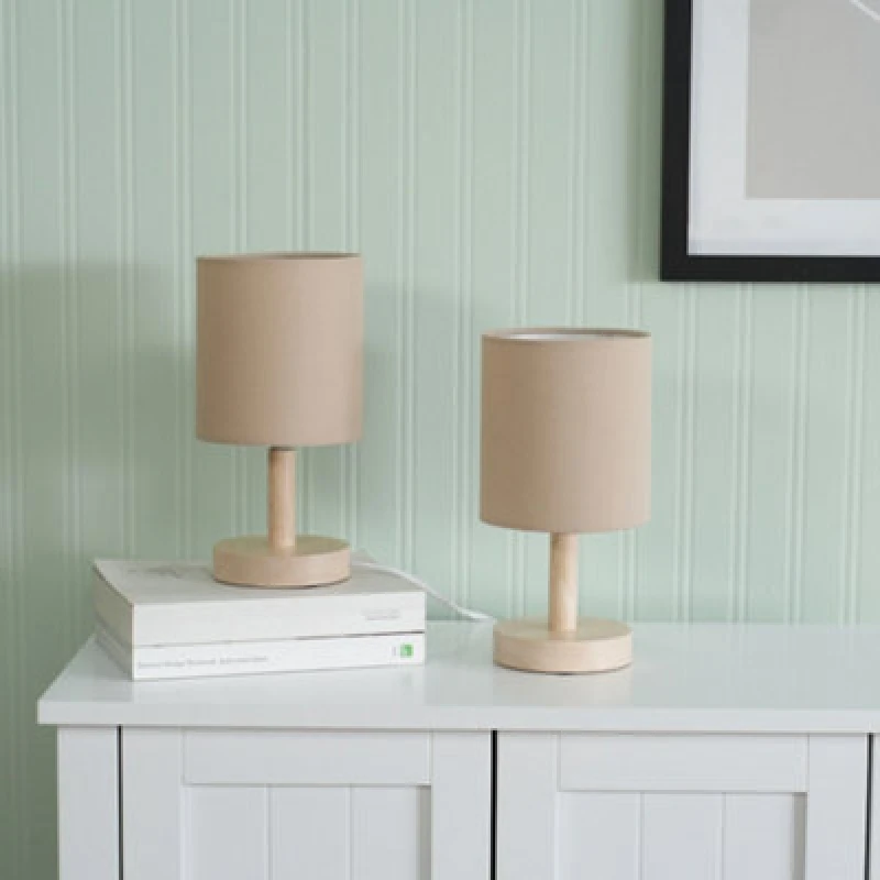 Image of ValueLights Nelly Pair of Wooden Base Bedside Table Lamps Nude