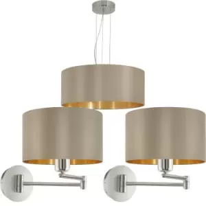 Image of Ceiling Pendant Light & 2x Matching Wall Lights Taupe Gold Fabric Feature Lamp