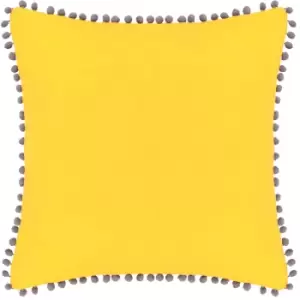 Image of Velvet Pompom Cushion Yellow/Grey
