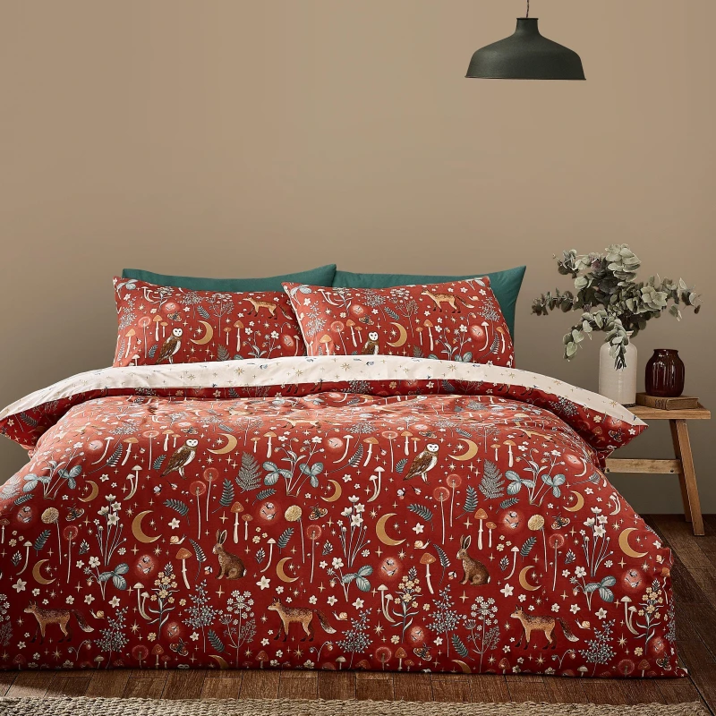 Image of Catherine Lansfield Catherine Lansfield 'Enchanted Twilight Animals' Reversible Duvet Cover Set in Burnt Orange Size: Single Burnt Orange Single Uni