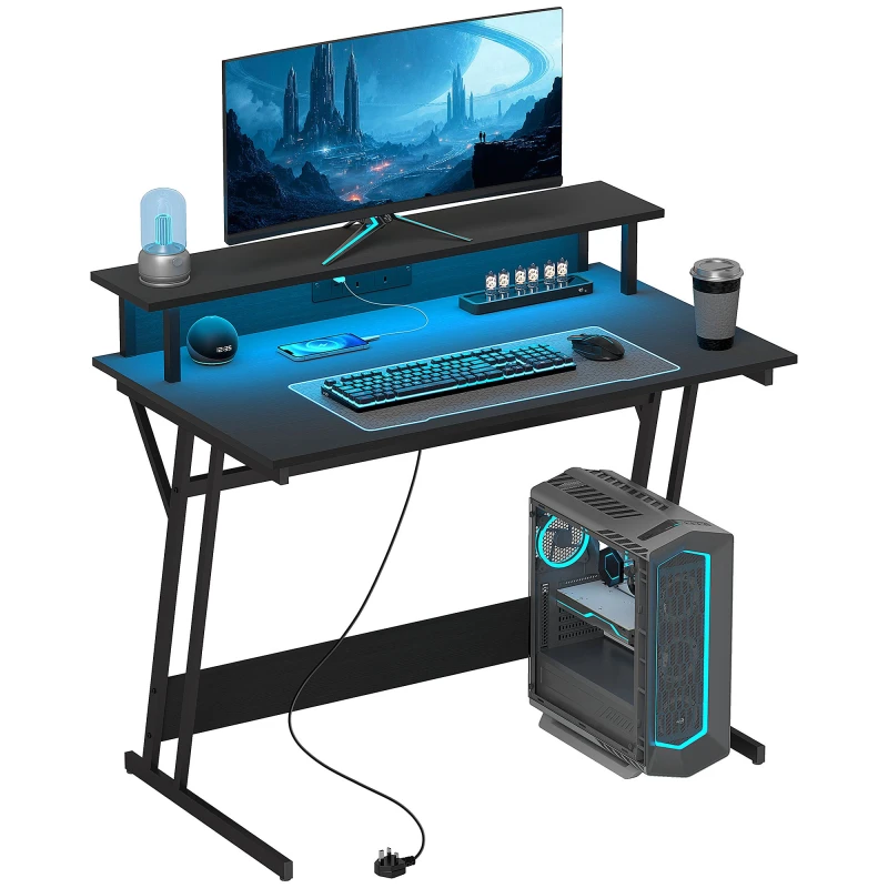 Image of HOMCOM LED Gaming Desk with Power Outlets and Monitor Stand 100 x 60cm Black TJ Hughes 5063603242555