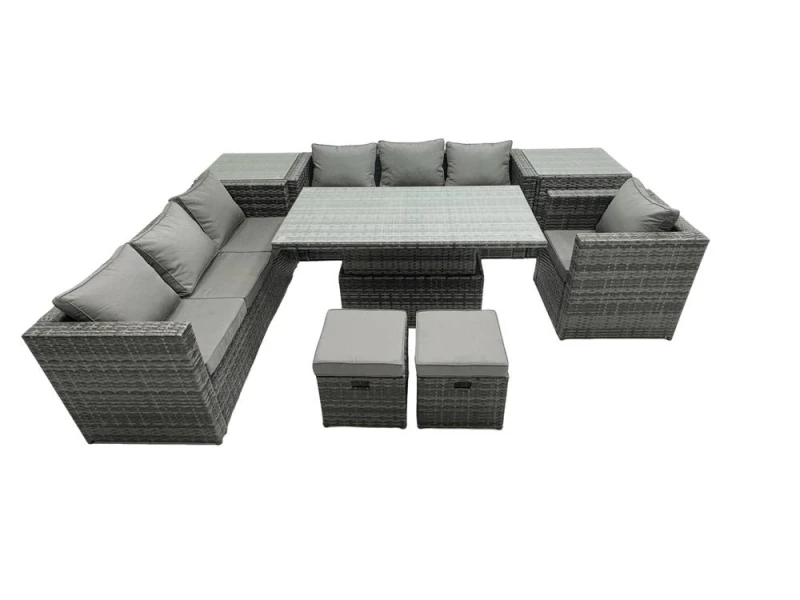 Image of Fimous Rattan Dining Table Sofa Set with 2 Small Stools Outdoor 9 Seat in Dark Grey Dark Grey Unisex