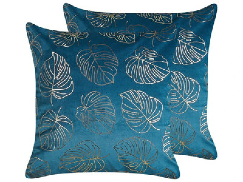 Image of Beliani Set Of 2 Decorative Cushions Deliciosa Velvet 45 X 45cm Blue Plant Pattern