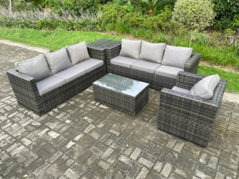 Image of Fimous Wicker PE Rattan Sofa Set Outdoor Patio Garden Furniture with Armchair Side Table Oblong Coffee Table Dark Grey Mixed Dark Grey