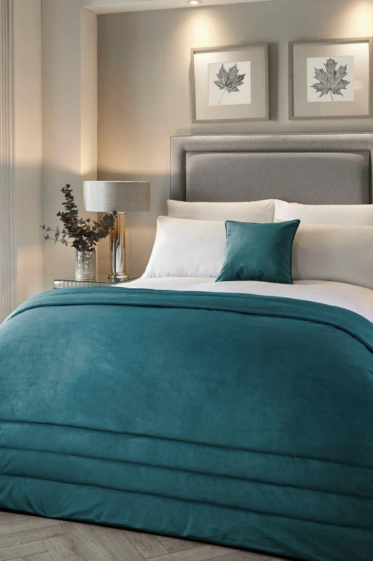Image of Laurence Llewelyn-Bowen 'Chic' Luxury Soft Velvet Frame Stitched Warm And Cosy Bedspread Teal